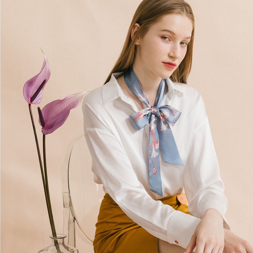 Lost Pattern Datura Silk Skinny Scarf - Slate Blue DEADSTOCK